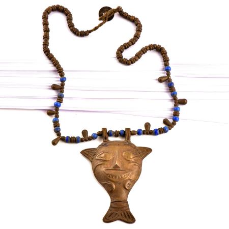 Brass Mask Pendant on Brass Blue Bead Necklace